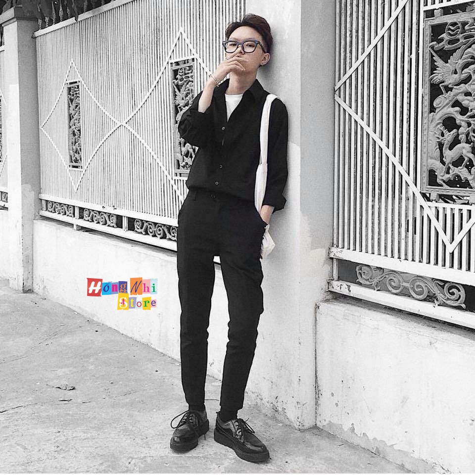 SƠ MI TRƠN DÁNG RỘNG BASIC UNISEX TAY DÀI MÀU ĐEN - MM | BigBuy360 - bigbuy360.vn