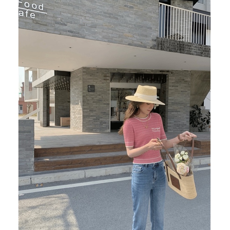 Áo Thun Dệt Kim Tay Ngắn Dáng Ôm Đơn Giản Phong Cách Hàn Quốc Cho Nữ