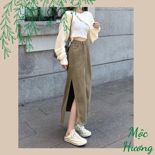 Chân váy Denim chữ A cạp cao có xẻ tà