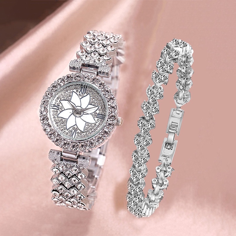 Set 2 Đồng Hồ Đeo Tay Và Vòng Đeo Tay Đính Đá Thời Trang Cho Nữ