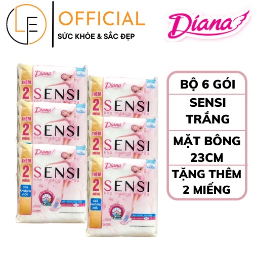 [Bộ 6 Gói] Băng Vệ Sinh Diana Sensi trắng Mặt Bông Có Cánh 23cm- 8 Miếng