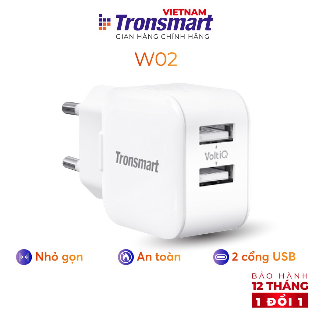 Củ sạc 2 cổng USB Tronsmart W02 công nghệ VoliQ 12W dòng 2.4A - Hàng chính hãng - Bảo hành 12 tháng 1 đổi 1