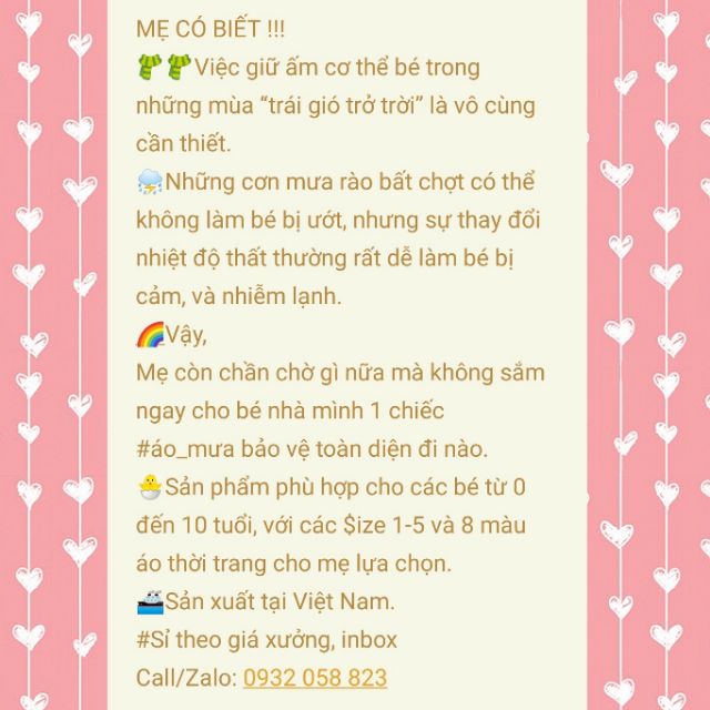 ÁO MƯA BỘ CHO BÉ SIZE 3