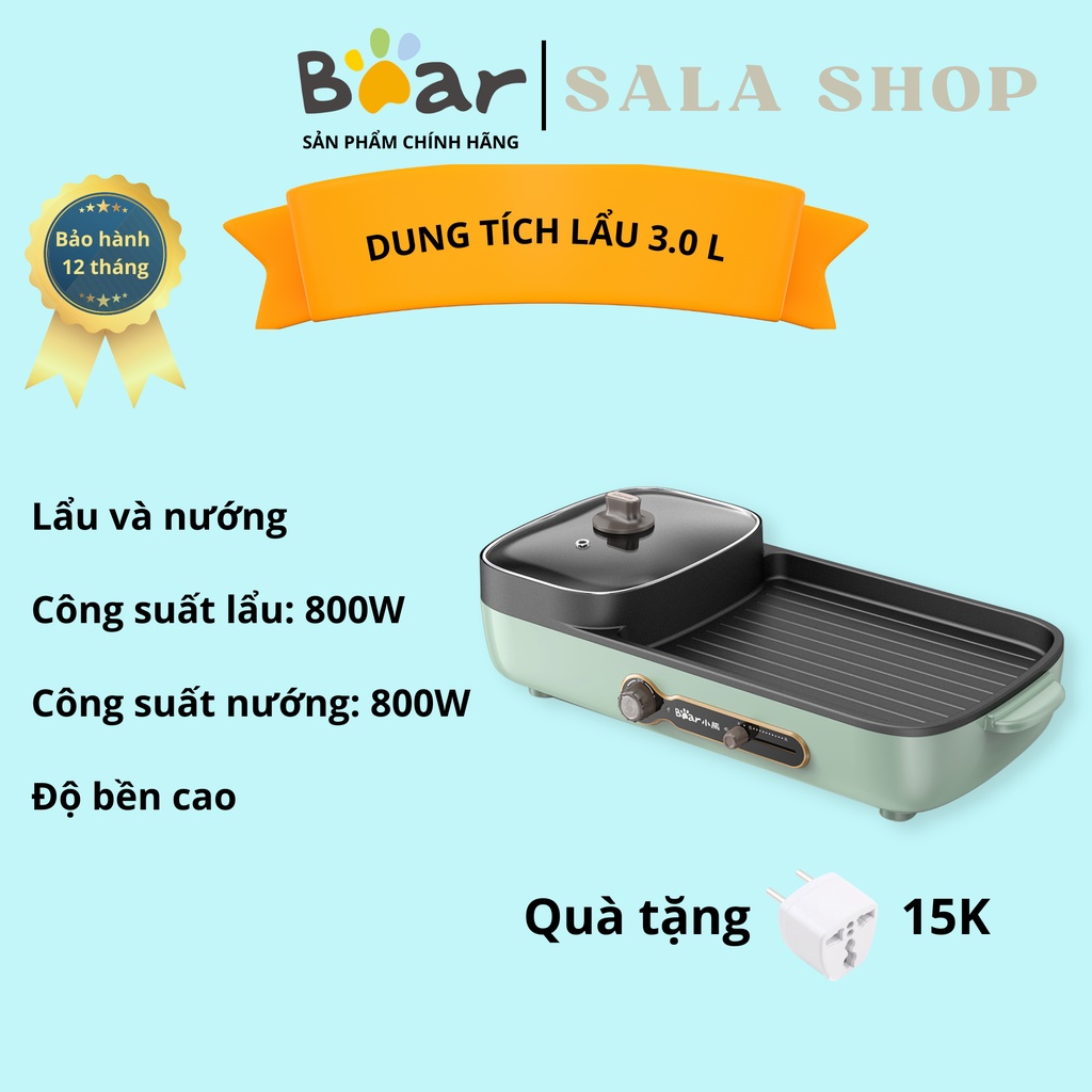 Nồi lẩu điện đa năng Bear DKL-C15G1, 3.0 lít, bếp nấu đa năng, sử dụng vừa ăn lẩu vừa nướng