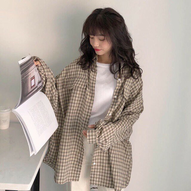 Áo Sơ Mi Kẻ Caro Tay Phồng 1 Túi Form Oversize Ulzzang Nam Nữ Unisex