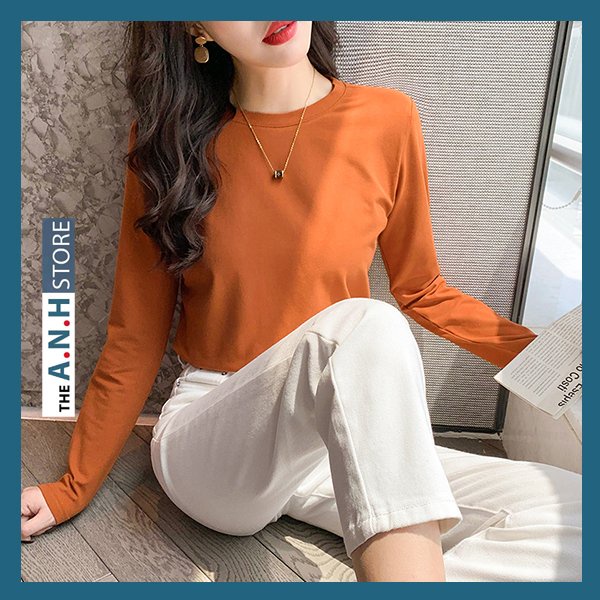 Sale lẻ size Áo thun nữ tay dài cổ tròn,phom ôm nhẹ, chất cotton 4 chiều  ANHSTORE,  phong cách basic Hàn quốc