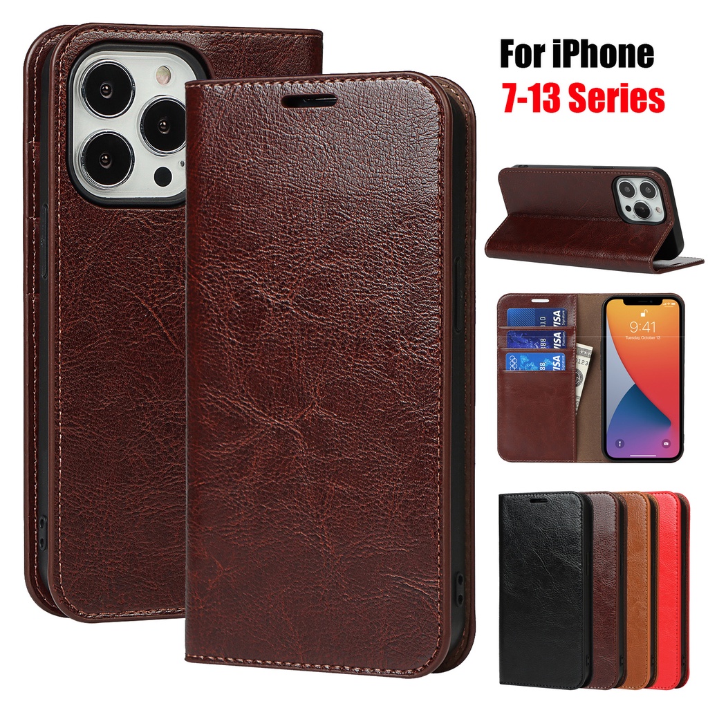 Bao Da Điện Thoại Dạng Ví Nắp Lật 100% Thật Có Ngăn Đựng Thẻ Cho iPhone 11 12 13 Pro Max Mini Giá Đỡ