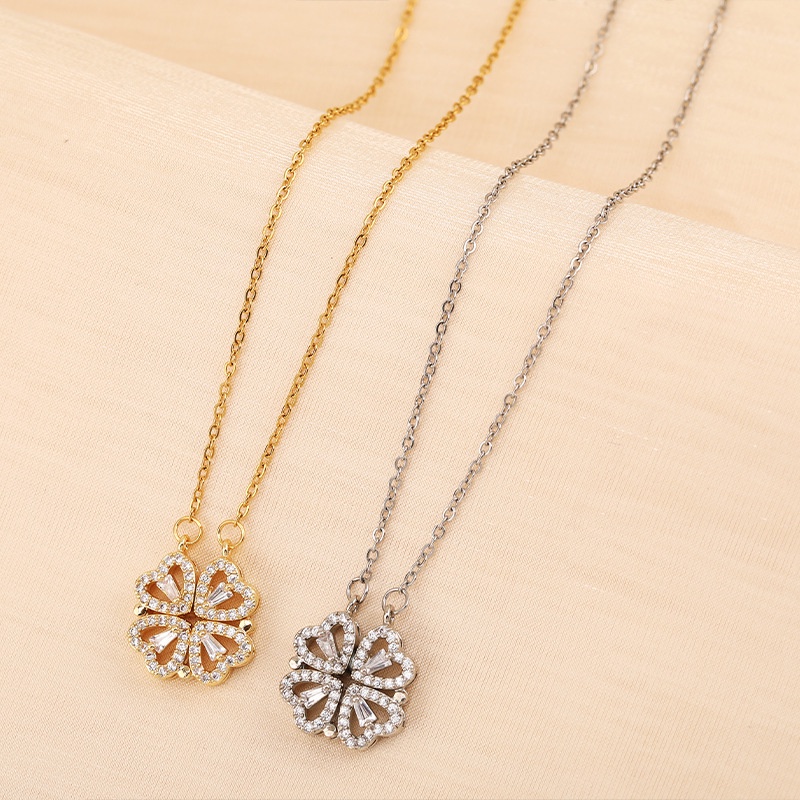 Vòng cổ Hình Cỏ Bốn Lá Đính Đá zircon Hình Trái Tim Dạng Mở Dành Cho Nữ