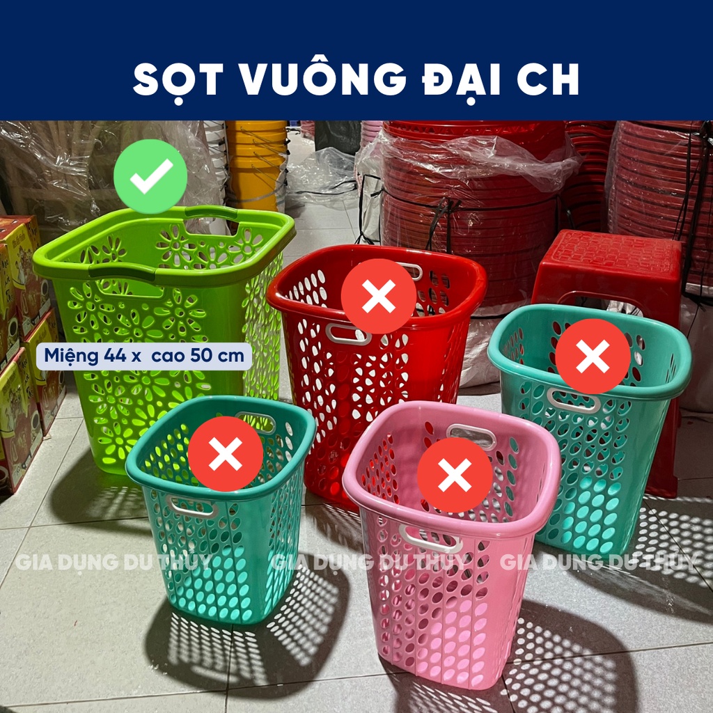 Sọt nhựa vuông đựng rác không nắp dùng đựng rác nhà bếp, rác quán ăn nhiều size màu xanh, đỏ, hồng của gia dụng Du Thủy