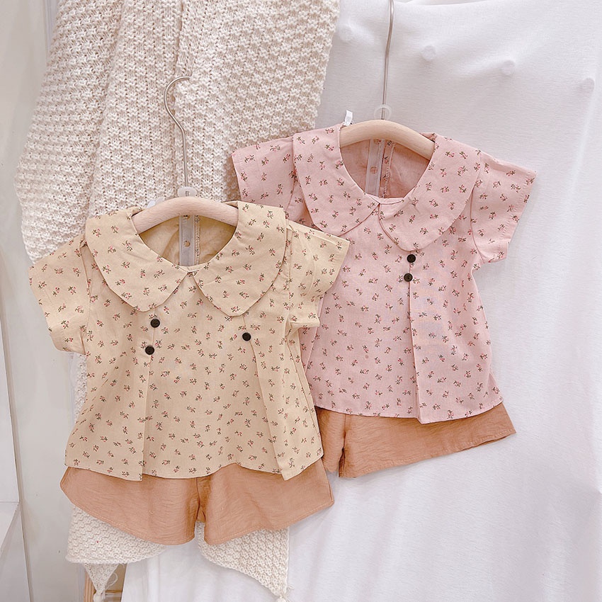 Bộ Quần Áo Cộc Tay Hoa Nhí Gắn Khuy Tiểu Thư Chất Vải Thô Linen Cho Bé Từ 8-20kg Mã CT26