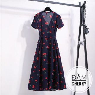 Đầm cherry xanh đen form dài( Kèm ảnh thật)