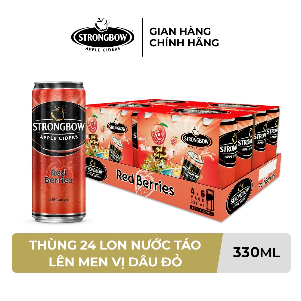 Thùng 24 lon nước táo lên men Strongbow Vị Dâu đỏ 330ml/lon