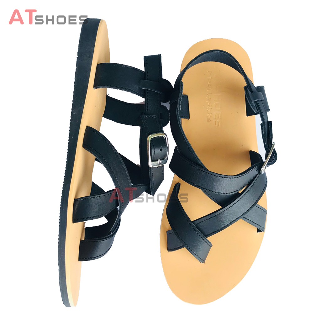 Dép Sandal Unisex cao cấp Da Bò Thật Sandal xỏ ngón nam nữ chuẩn kiểu Hàn Quốc Trẻ Trung Atshoes AT40(Đen Đế vàng)