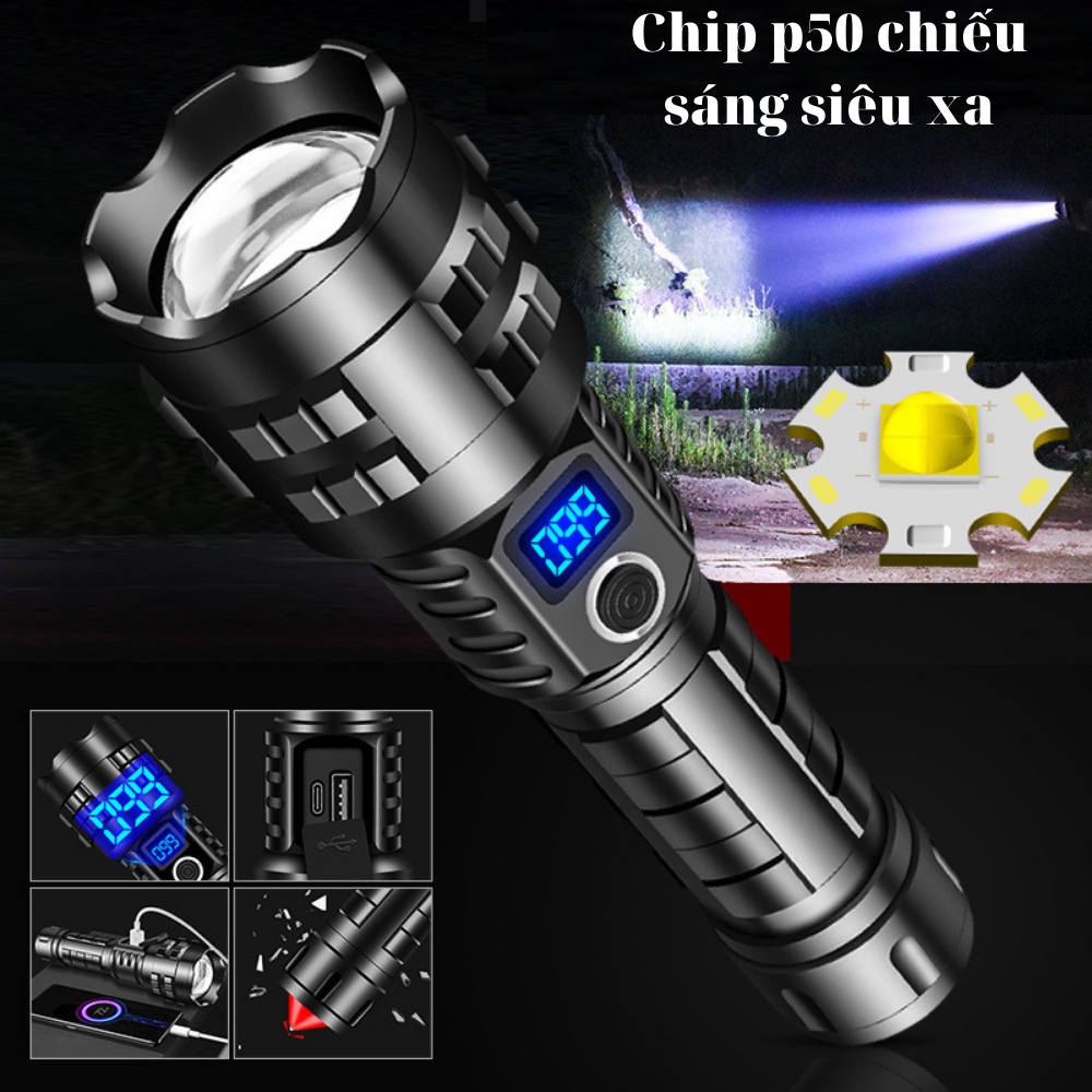 Đèn Pin Cầm Tay, Đèn Pin Siêu Sáng XHP70 Kiêm Sạc Dự Phòng Cho Điện Thoại