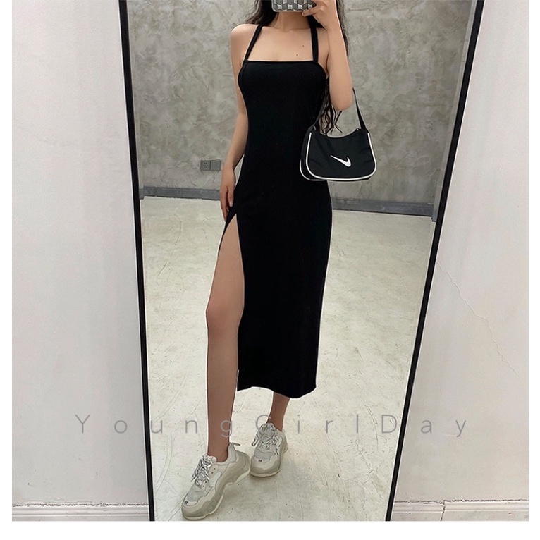 Đầm body dáng dài xẻ đùi cổ yếm Ulzzang