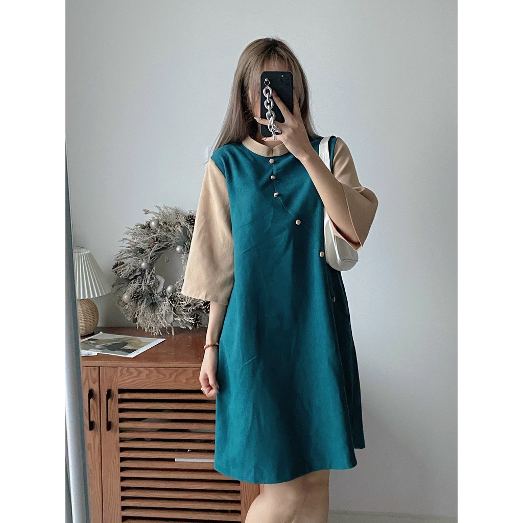 Váy nhung tăm hoa nhí cách tân tay lửng, cổ trong như hình