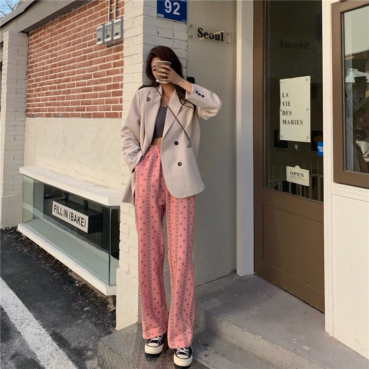 Happy-store  Quần dài ống rộng phong cách Hồng Hàn Quốc cá tính cho nữ