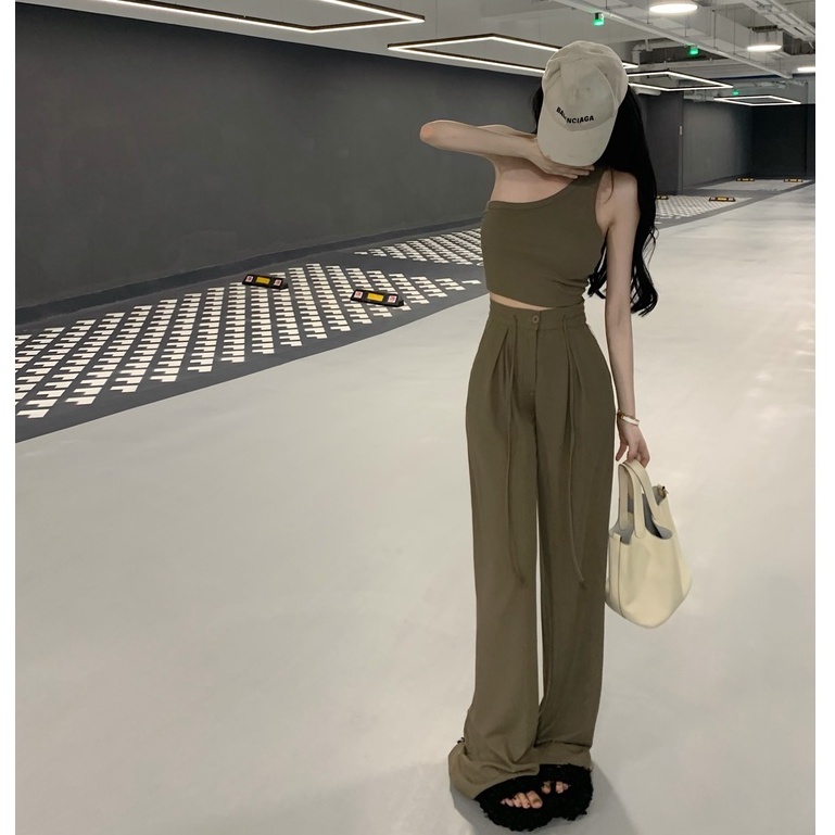 Set Áo Lệch Vai + Quần Ống Rộng Lưng Cao Phong Cách Hàn Quốc Thời Trang Mùa Hè Cho Nữ