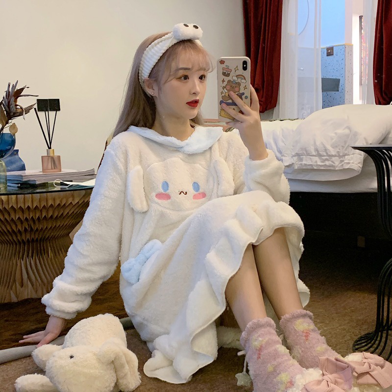 Đầm ngủ vải lông cừu san hô phong cách nhân vật hoạt hình Cinnamoroll thời trang thu đông Hàn Quốc dễ thương cho nữ