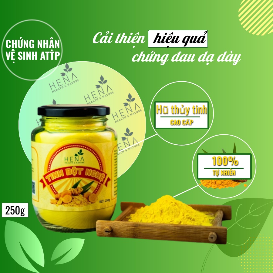 Tinh bột nghệ nguyên chất Hena 250g, 100% từ thiên nhiên, không pha lẫn, hỗ trợ hiệu quả đau dạ dày, đắp mặt