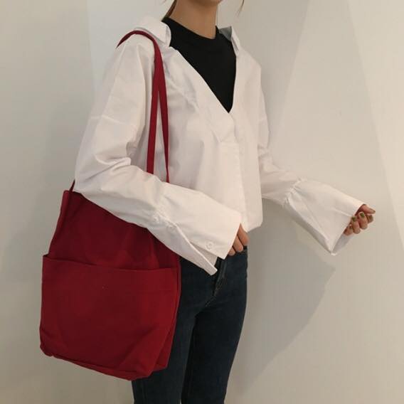 Túi Tote Túi Vải Nữ Canvas đeo vai Trơn đơn giản trẻ trung kèm 2 ngăn phụ