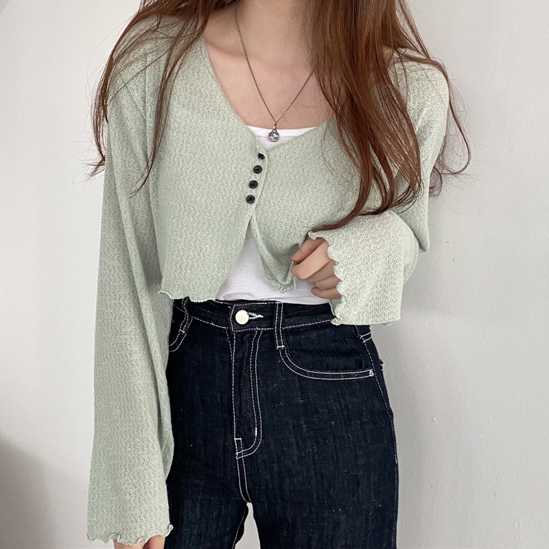 Áo khoác cardigan ngắn dệt kim tay dài dáng rộng phong cách thời trang cho nữ