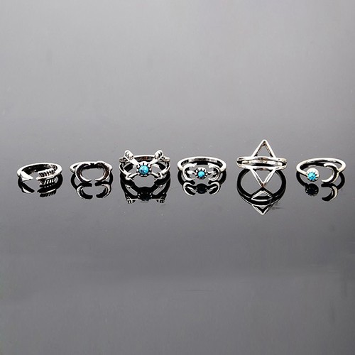 Bộ 6 nhẫn kiểu bằng hợp kim mạ bạc có đính hạt đầy độc đáo dành cho nữ