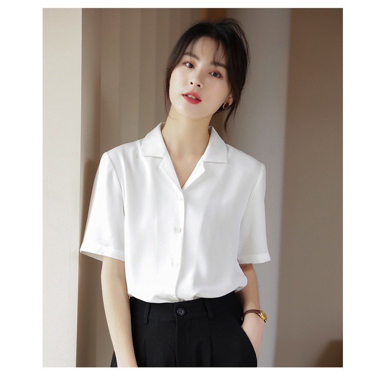 Áo sơ mi nữ trơn CS CLOTHING form rộng tay ngắn cổ bẻ dáng suông nhiều màu sơmi kiểu Hàn Quốc