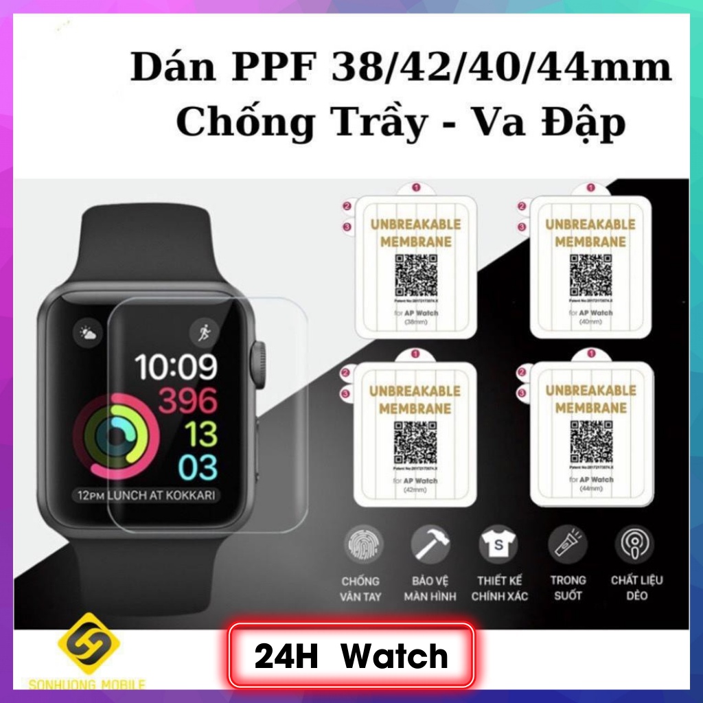 Miếng dán dẻo skin PPF Apple watch phục hồi trầy xước size 38 40 42 44mm - 24H Watch