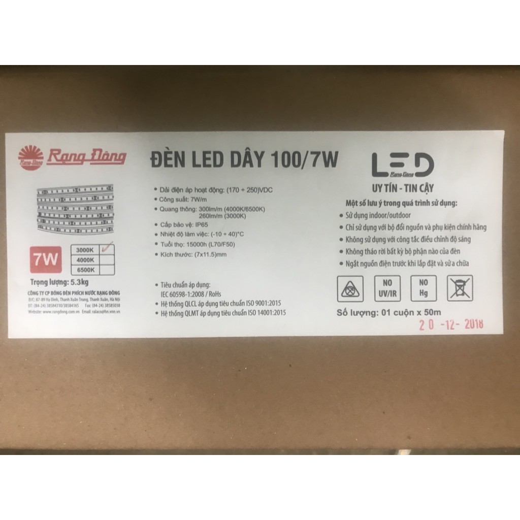 [Mã LIFE10K15 giảm 10K đơn 20K] Đèn LED dây 7W Rạng Đông, chống nước IP65 (Giá 40.000/mét)