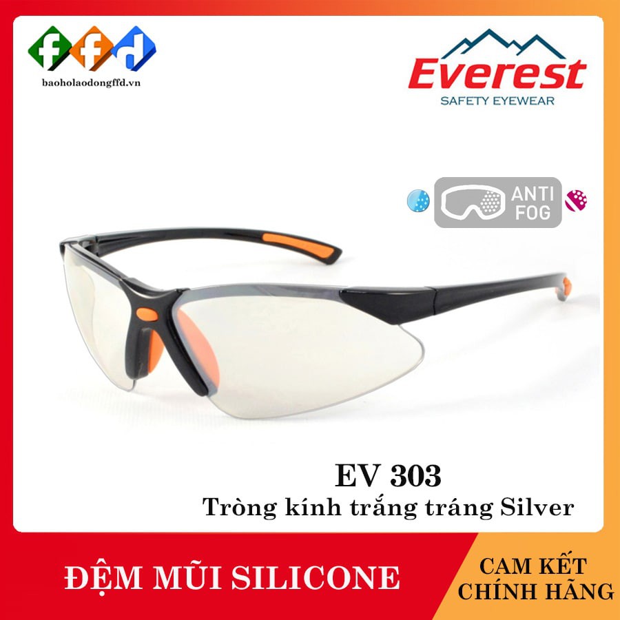 Kính bảo hộ Everest EV303 mắt kính trắng tráng bạc, đệm mũi Silicone, Kính chống tia UV, chống bụi, chống đọng sương