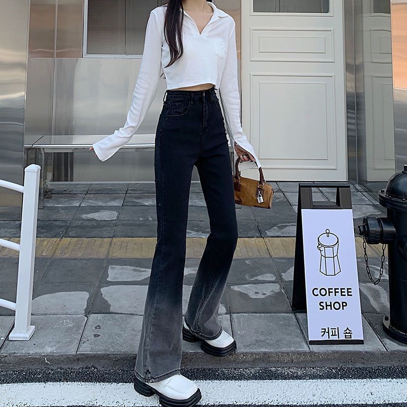 Quần denim Ống Loe Lưng Cao Màu Đen gradient Thời Trang Dành Cho Nữ