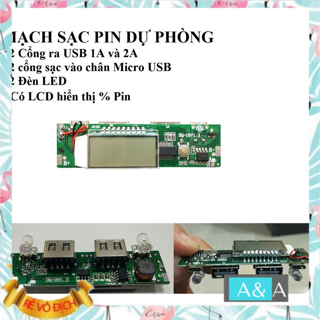 Mạch sạc dự phòng 2A 2 cổng ra có LCD hiển thị dòng sạc và % pin