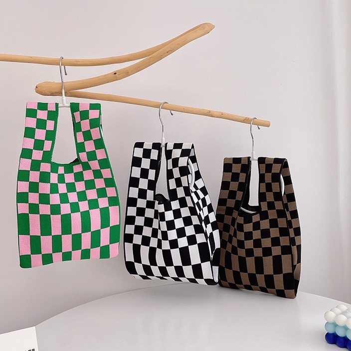 Túi Đeo Vai Đan Len Họa Tiết Sọc Caro Thời Trang Cho Nữ