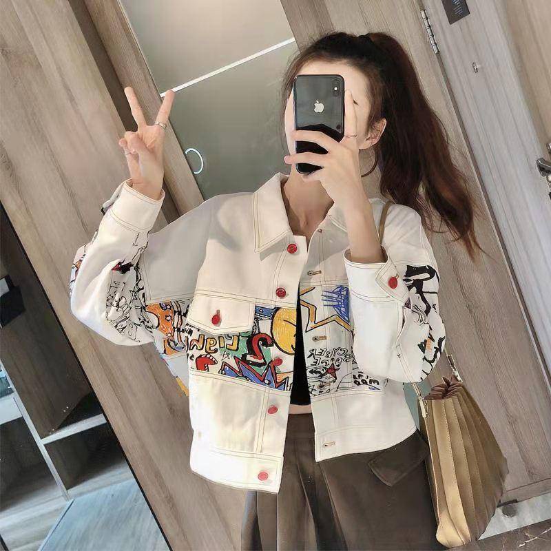 Áo Khoác Denim Ngắn Dáng Rộng In Họa Tiết Graffiti Phong Cách Hàn Quốc Cho Nữ