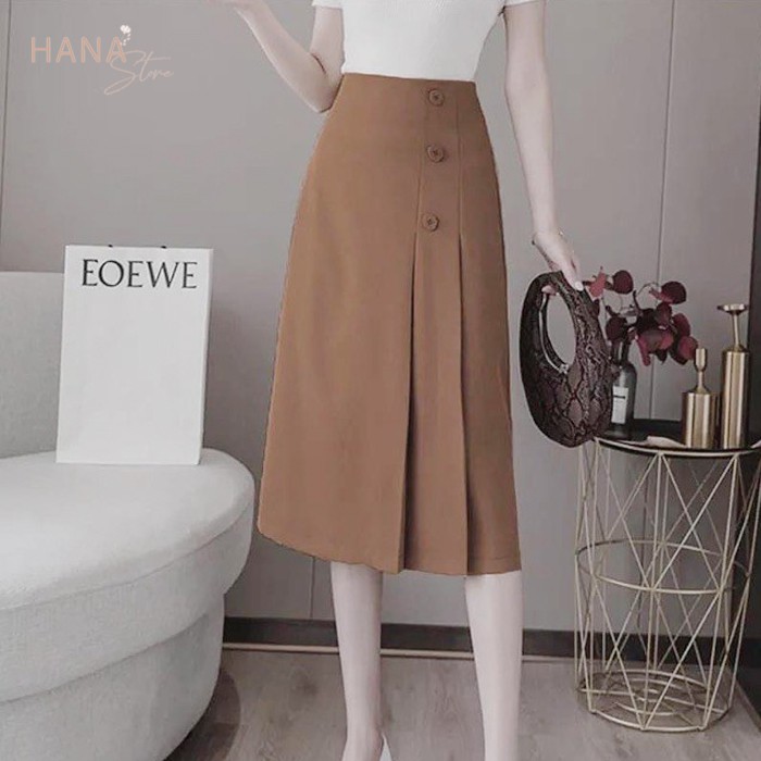 Chân váy xếp ly dáng dài màu đen phối 3 cúc - Chân váy dài qua gối lưng cao xếp ly mặc đi làm công sở đi chơi siêu xinh | BigBuy360 - bigbuy360.vn