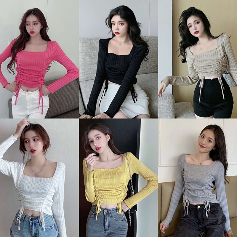 Áo thun dệt kim cổ vuông tay dài phối xếp ly phong cách Hàn Quốc cho nữ