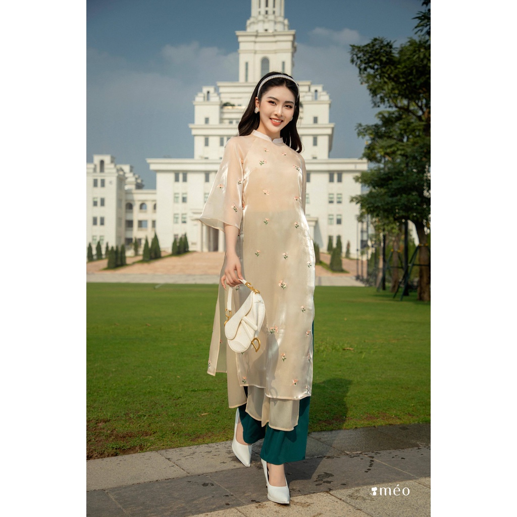 Áo dài thiết kế Méo shop vải lụa hoa thêu Khánh Mỹ, chưa bao gồm quần