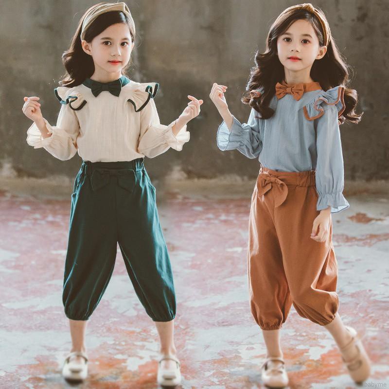 Bộ áo quần dài tay ống loe thắt nơ xinh xắn cho bé gái