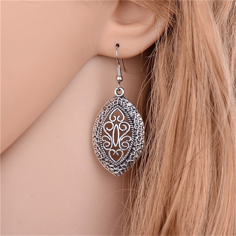 Women Simple Jewelry Bohemia Fashion Silver Hollow Carved Water Drop Earrings Gift