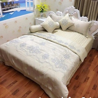 Bộ chăn ga gối 7 món Gấm lụa singapore 2018 7 màu