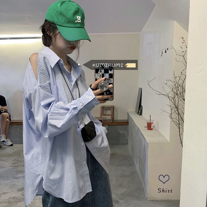 Áo Sơ Mi Nữ Kẻ Sọc Dài Tay Hở Vai Thời Trang Hàn Quốc