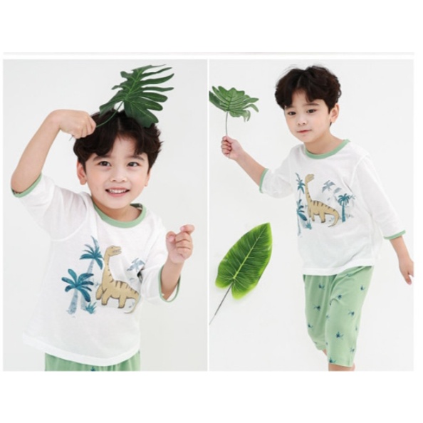 [120, 5-6y] Bộ cotton lửng hè thu xanh khủng long cho bé trai xuất Hàn dư xịn