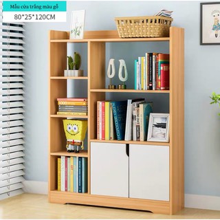 Giá sách gỗ lắp ghép đa năng có ngăn tủ cửa trắng để hồ sơ, tài liệu, sách vở, đồ dùng trang trí 120x80x25cm