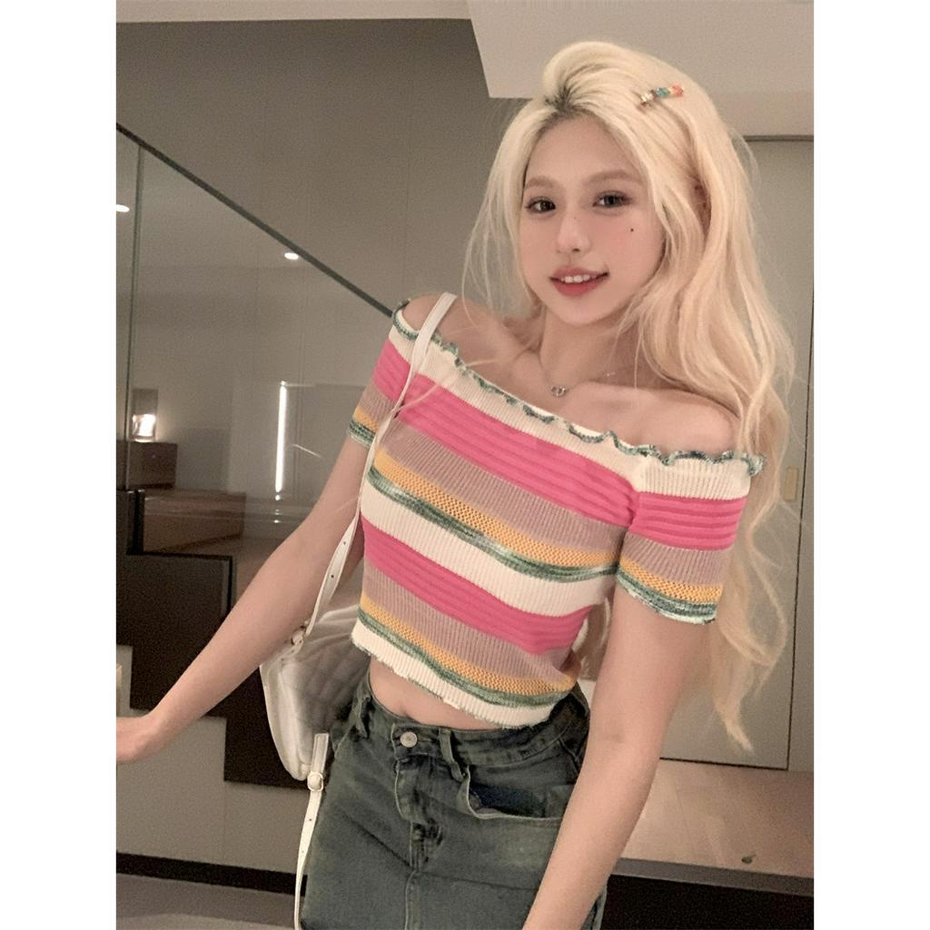 QADCOL Áo Thun Dệt Kim Ngắn Vừa Vặn Họa Tiết Kẻ Sọc Nhiều Màu Sắc Phong Cách Mùa Hè Mới