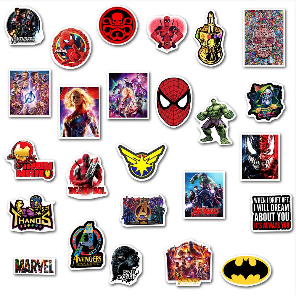 Set 50 stickers hình dán phong cách Marvel chống thấm nước cho Laptop/Điện thoại/Xe hơi