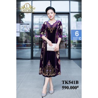 Thời trang trung niên -  Đầm quý bà cao cấp - Ladyshop - Đầm nhung hoa hồng phối giữa đính đá TK541