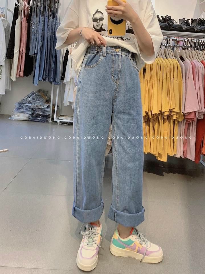 Quần jeans bò ống sớ phụ kiện kéo nhỏ cạp