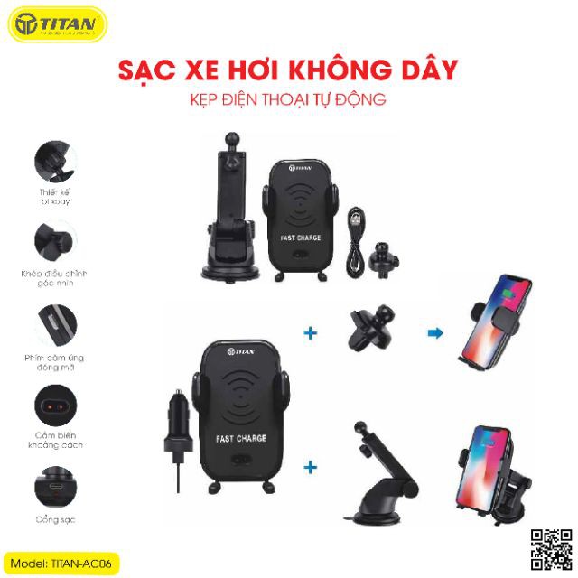 Sạc Xe Hơi Không Dây Kiêm Kẹp Giữ Điện Thoại TITAN - AC06