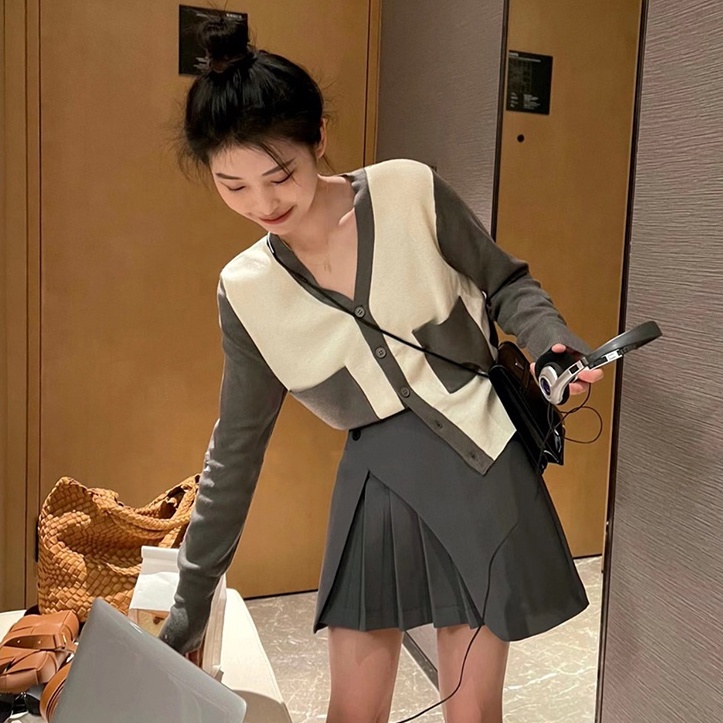 【ZHELIHANGFEI】Áo Cardigan Dệt Kim Tay Dài Cổ Chữ V Lưng Cao Thời Trang